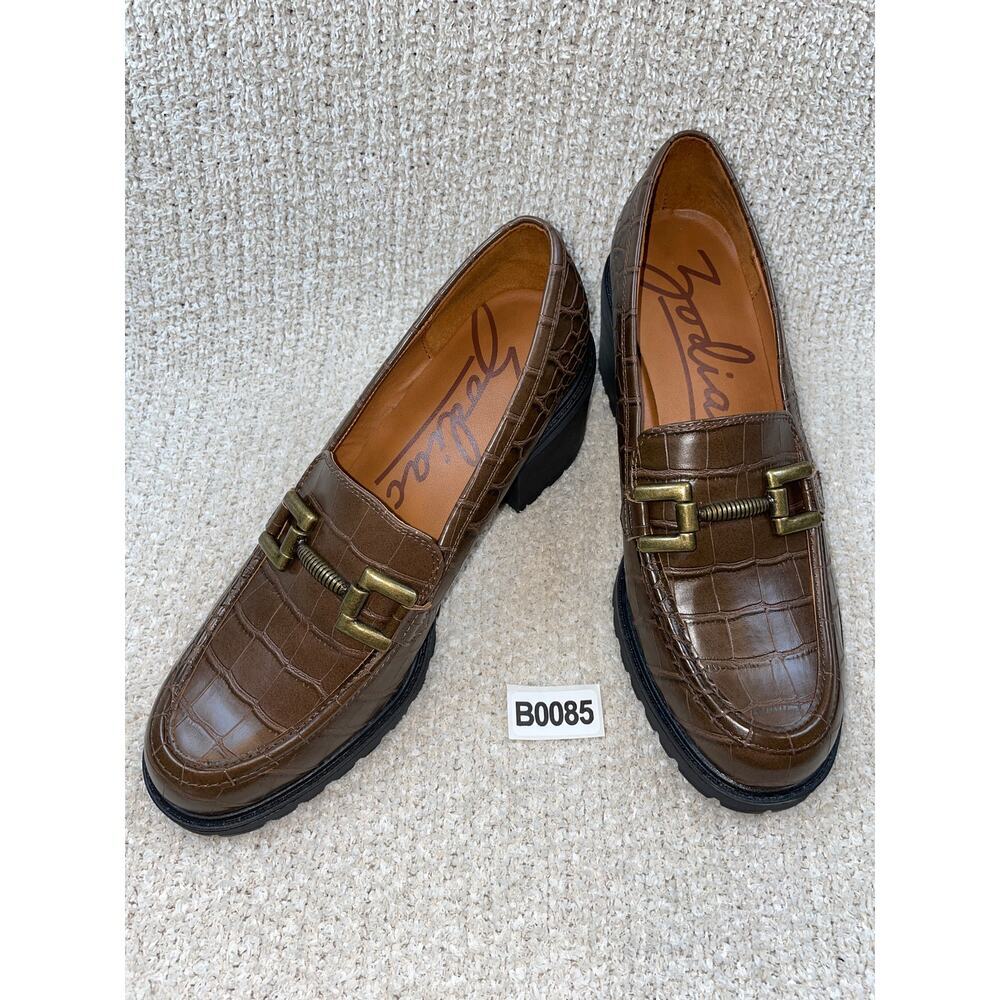 ZODIAC Gemma Loafer Brown Alligator women's 9.5 Lug Sole Chunk Heel Gold Buckle - Picture 4 of 9